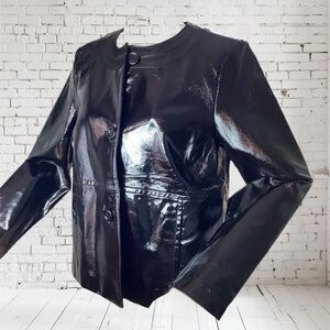 Vintage Laura Ashley Mixed Patent/Crinkled Leather Jacket w Back Pleat Sz M